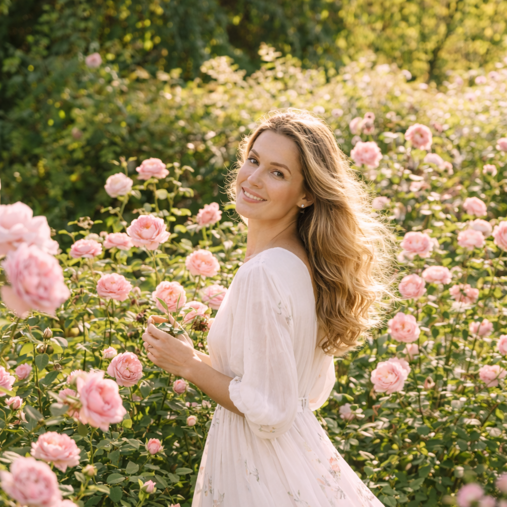 Mel Sienna Rose Madgwick in a rose garden